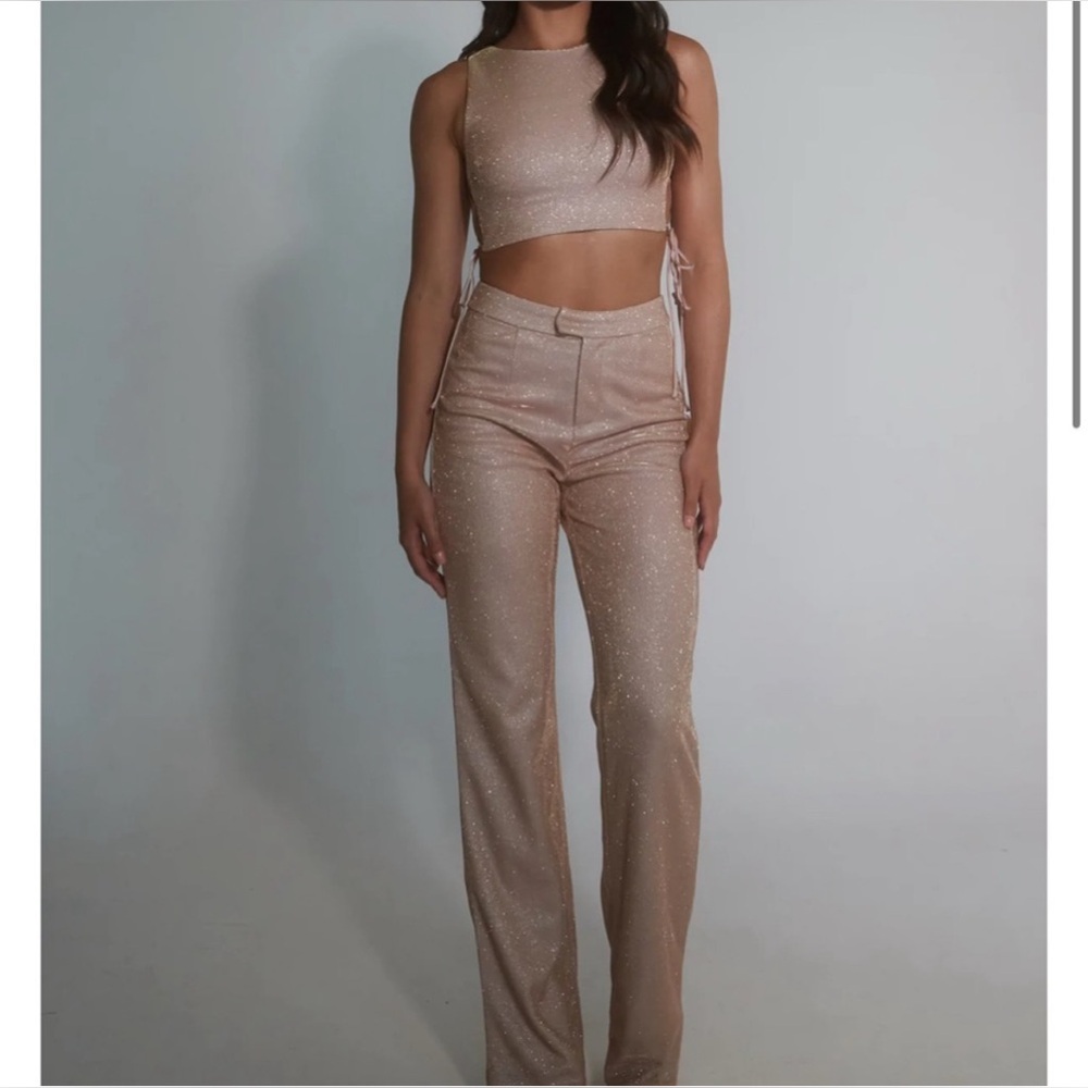 SLA The Label Nude Santorini Trouser and Lou Lace Up Top Set XS Pink Sparkle